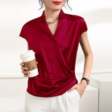 Short Sleeves Womens Silk Blouse V Neck Ladies Silk Tops