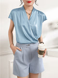 Short Sleeves Womens Silk Blouse V Neck Ladies Silk Tops