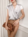 Short Sleeves Womens Silk Blouse V Neck Ladies Silk Tops