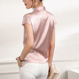 Short Sleeves Womens Silk Blouse V Neck Ladies Silk Tops