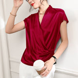 Short Sleeves Womens Silk Blouse V Neck Ladies Silk Tops