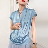 Short Sleeves Womens Silk Blouse V Neck Ladies Silk Tops