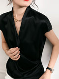 Short Sleeves Womens Silk Blouse V Neck Ladies Silk Tops