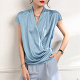 Short Sleeves Womens Silk Blouse V Neck Ladies Silk Tops