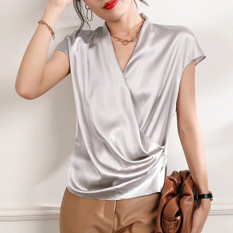 Womens Short Sleeves Wrap Silk Blouse Tops - slipintosoft