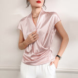 Short Sleeves Womens Silk Blouse V Neck Ladies Silk Tops