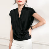 Short Sleeves Womens Silk Blouse V Neck Ladies Silk Tops