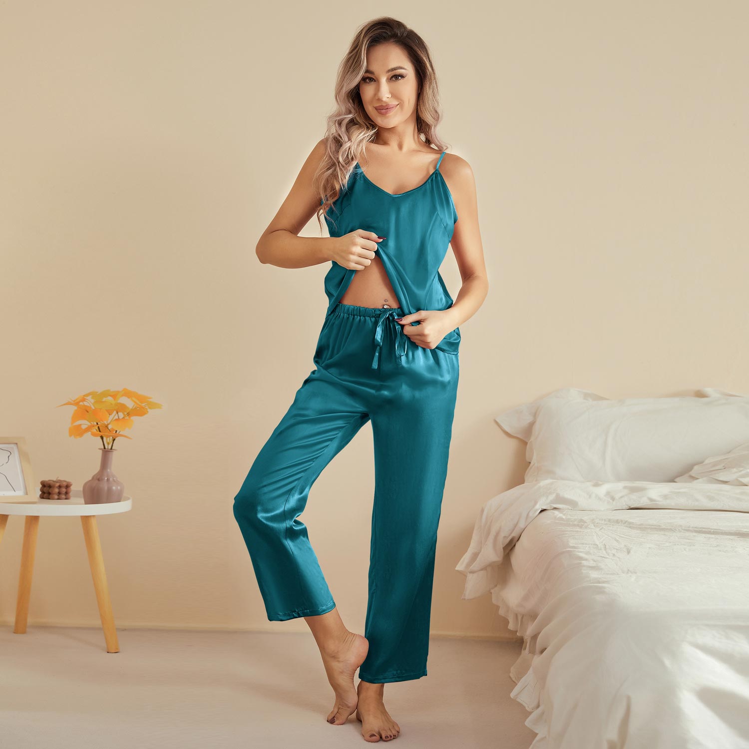 Classic V Neck Silk Camisole Pajama Set For Womens Sleeveless Silk Sleepwear - slipintosoft