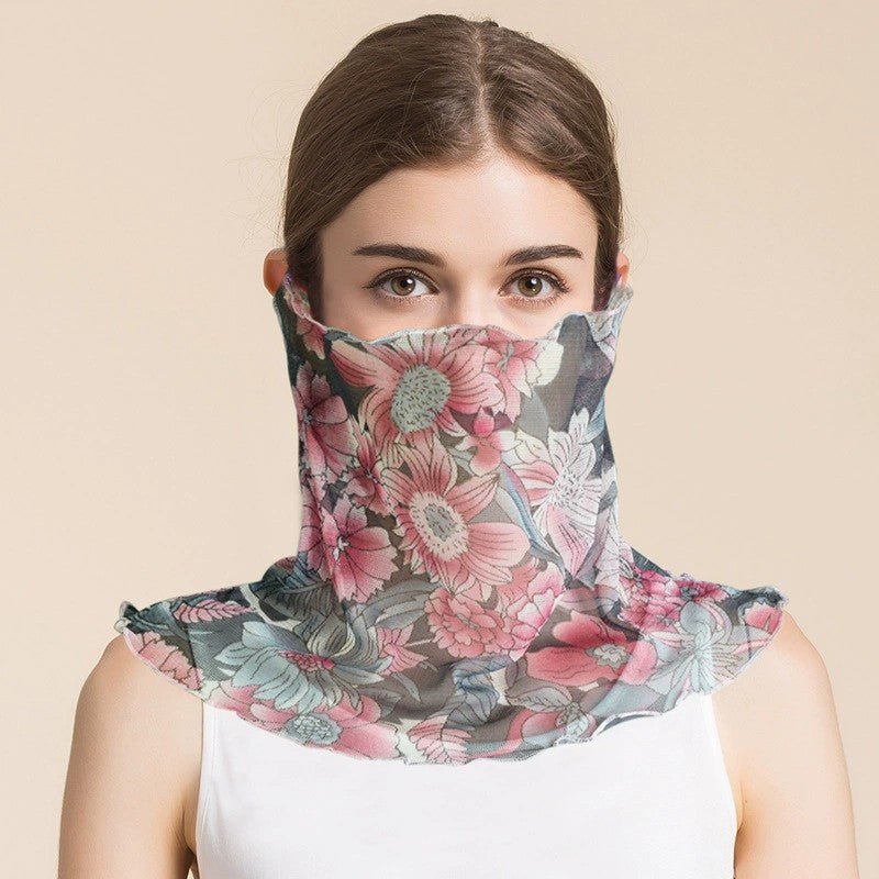 Silk Floral Printed Neck Gaiter Silk Face Masks Knitted Mesh Scarf for Women - slipintosoft