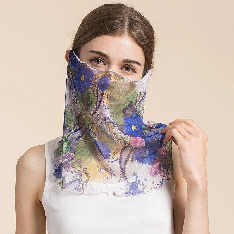 Silk Floral Printed Neck Gaiter Silk Face Masks Knitted Mesh Scarf for Women - slipintosoft