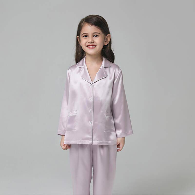 19 Momme Kid's Silk Pajamas Set Girls' Cute Long Sleeves Nighties with White Trimming -  slipintosoft