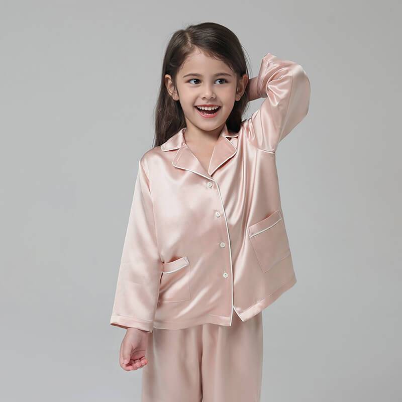 19 Momme Kid's Silk Pajamas Set Girls' Cute Long Sleeves Nighties with White Trimming -  slipintosoft