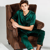 Silk Pyjamas Set för par Matchande Pjs V-hals ren sidenpyjamas