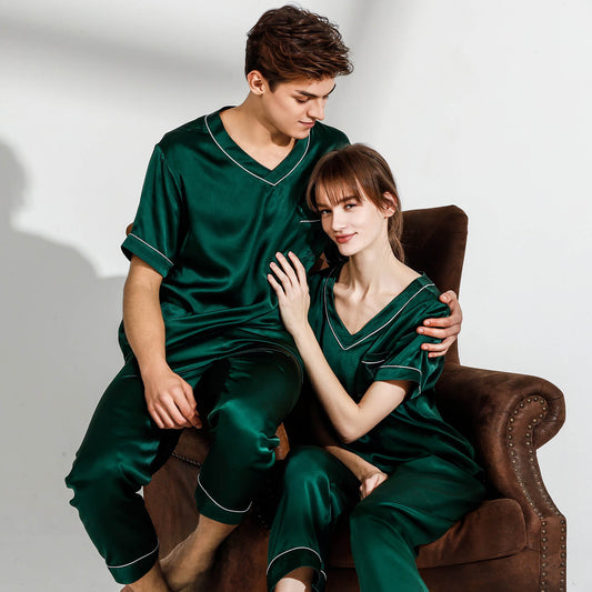 Silk Pajamas Set for Couple Matching Pjs  V Neck pure Silk Pajamas