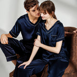 Silk Pyjamas Set för par Matchande Pjs V-hals ren sidenpyjamas