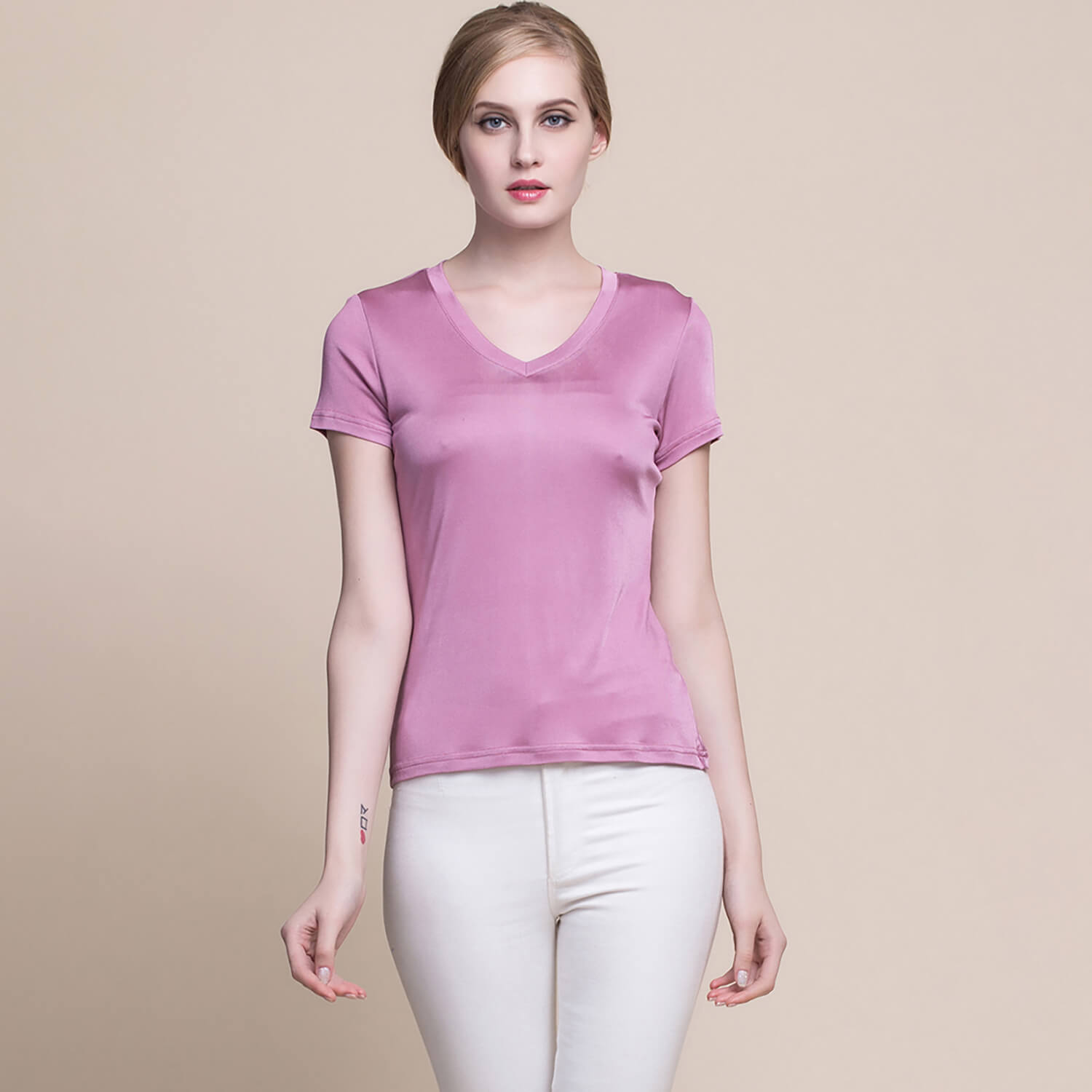 Silk v-neck short-sleeved t-shirt women's silk bottoming shirt women's top - slipintosoft