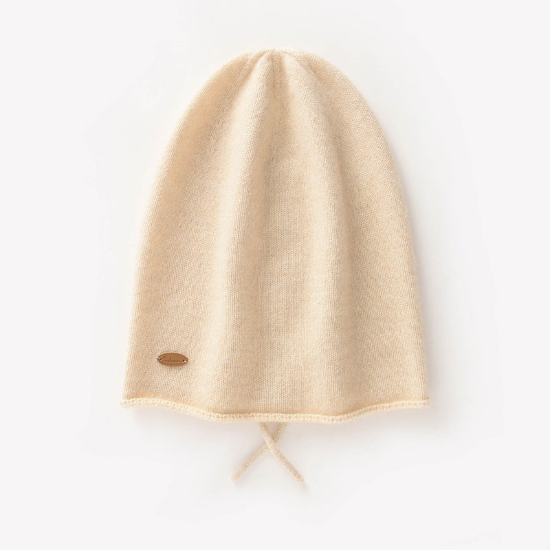 Pure Cashmere Beanie Hat with Drawstring Cashmere Double-Layered Ski Cap Head Warmer