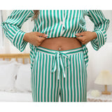 Women's Classic Stripe Silk Sleepwear Luxury Long Sleeves Silk Pajamas Set - slipintosoft