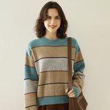 Striped Cashmere Sweater for Women Crew Neck Cashmere Blouses Drop Shoulder Wool Cashmere Sweater