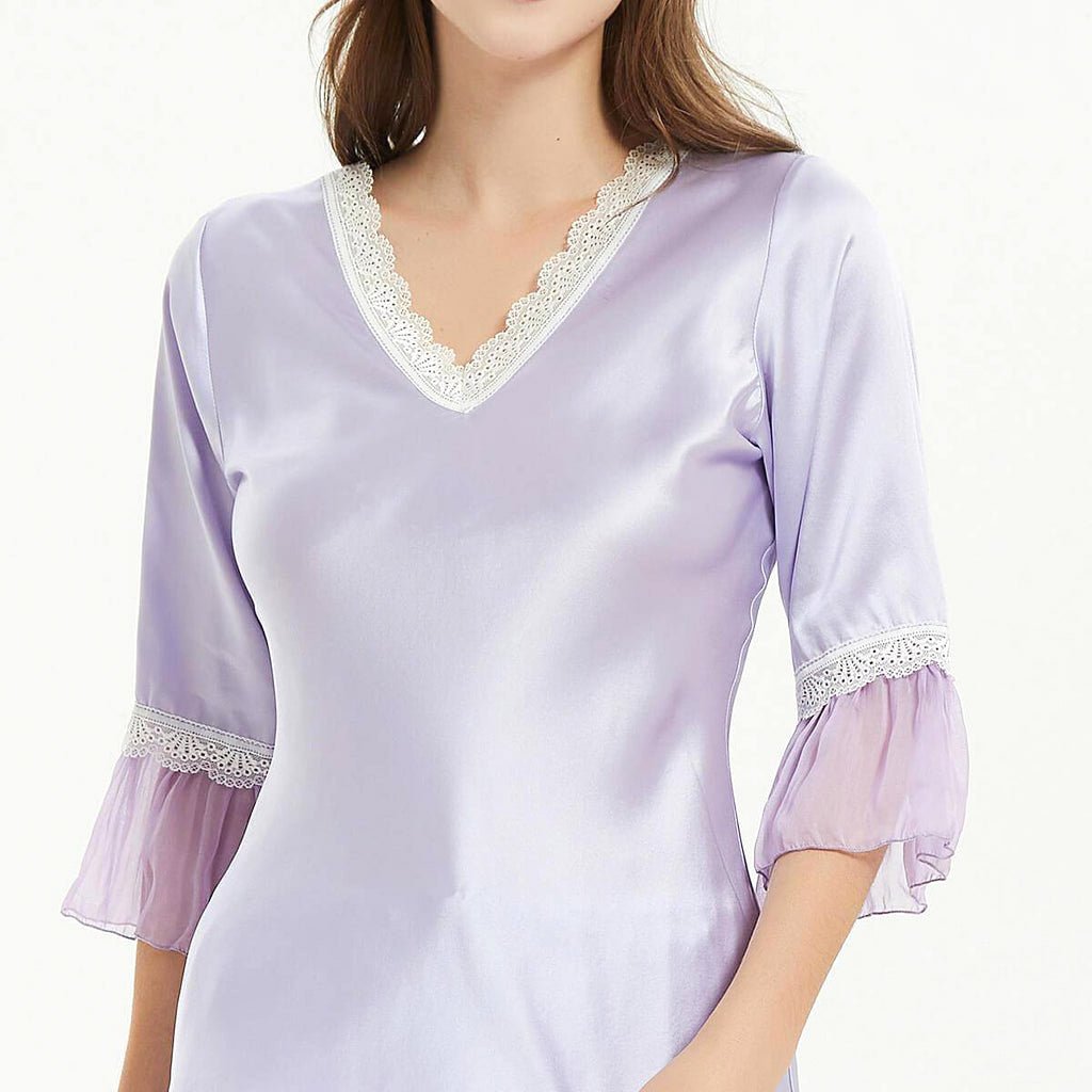 Summer Lavender Silk Pajama Set With Chiffon Ruffles - slipintosoft