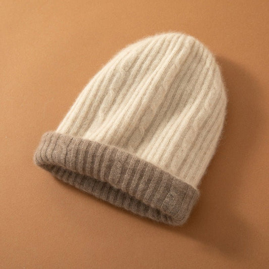 Thick Cashmere Beanie Ribbed Knit Cashmere Hats for Women Cuffed Beanie Cap - slipintosoft