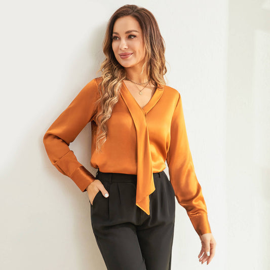 V Neck & Ribbon Silk Blouse For Women Long Sleeves Silk Shirt