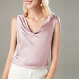 Versatile Ladies Silk Sleeveless Blouse 100% Mulberry Silk Cowl Collar Tops - slipintosoft