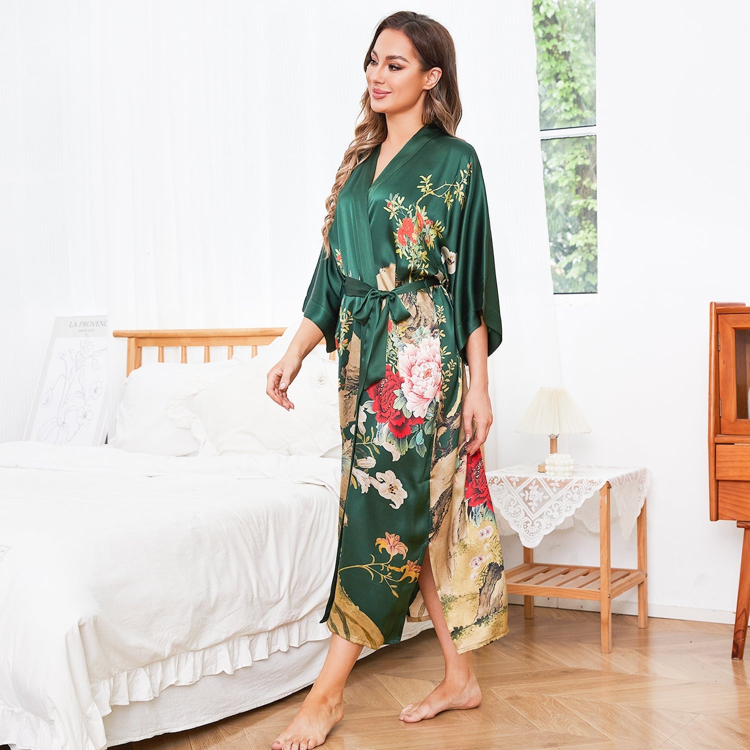 Vintage Floral Pattern Women Luxury Long 100% Pure Mulberry Silk Kimono Robe - slipintosoft