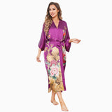 Vintage Floral Pattern Women Luxury Long 100% Pure Mulberry Silk Kimono Robe - slipintosoft