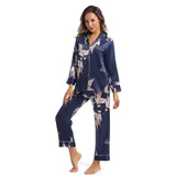 Kvinnor Silk Pyjamas Set Crane Printed Ladies Underbara siden nattkläder