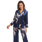 Kvinnor Silk Pyjamas Set Crane Printed Ladies Underbara siden nattkläder