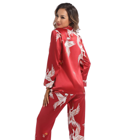 Kvinnor Silk Pyjamas Set Crane Printed Ladies Silk Nightwear