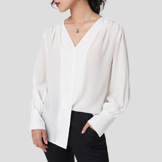 Damer Silk Shirt 100% Mulberry långärmad V-hals Work Silk Blus