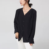 Damer Silk Shirt 100% Mulberry långärmad V-hals Work Silk Blus