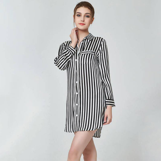 Women Stripe Silk Sleep Shirt 100% Striped Silk Nightshirt