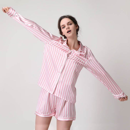 Women Striped Silk Pajamas Long Sleeves Short Pants Pajamas