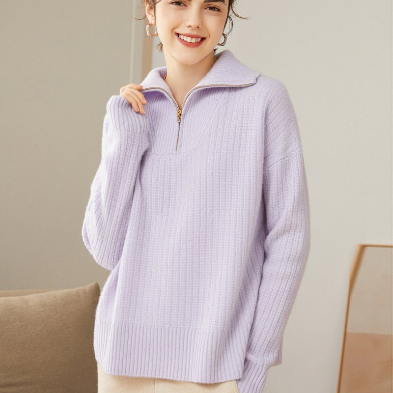 Women's 100% Cashmere Ribbed Polo Sweater - slipintosoft