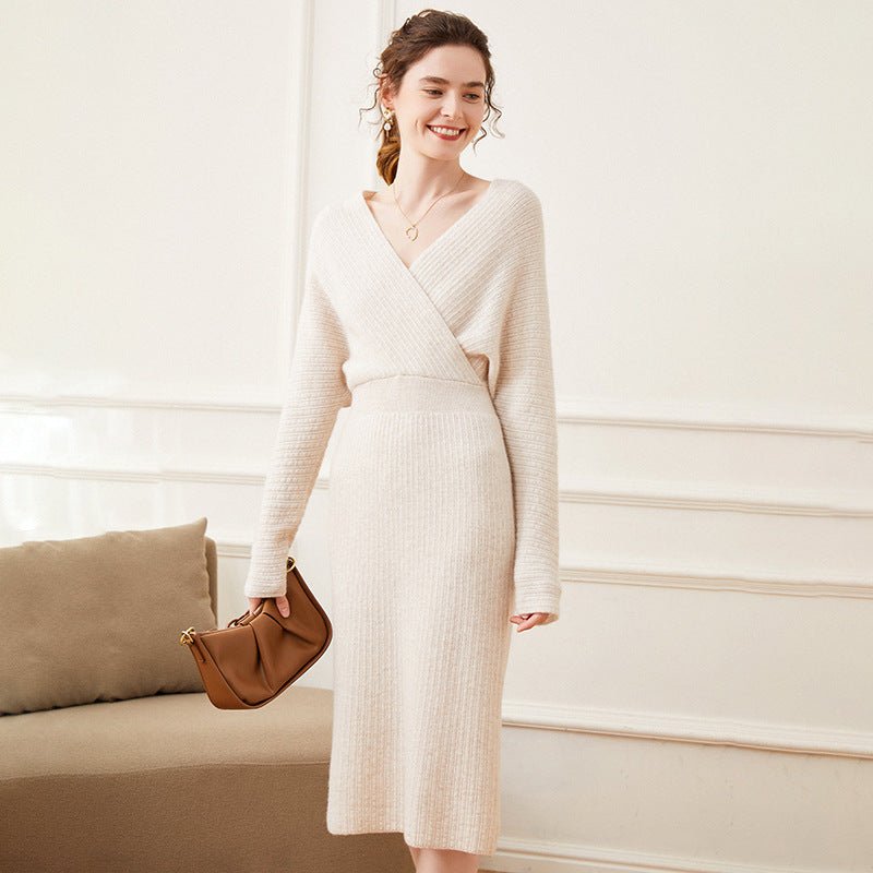 Women's A Line Cashmere Dress Long Sleeves Wrap Cashmere Dress - slipintosoft