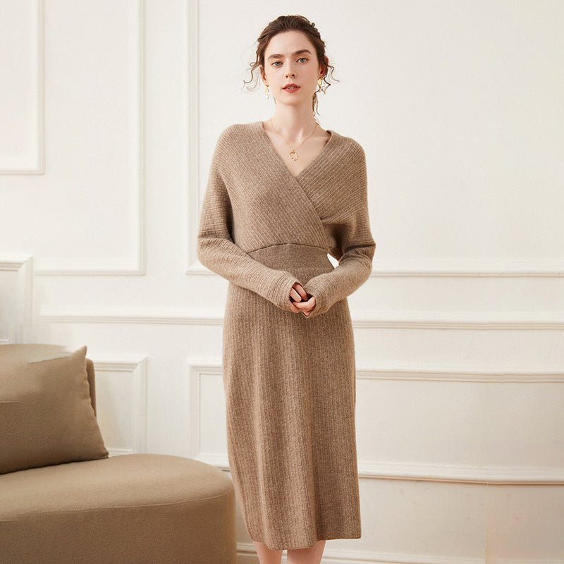 Women's A Line Cashmere Dress Long Sleeves Wrap Cashmere Dress - slipintosoft