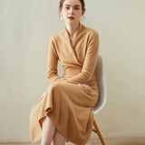 Women's A Line Cashmere Wrap Dress Tea Length Solid Cashmere Sweater Dresses Women Cashmere Dress