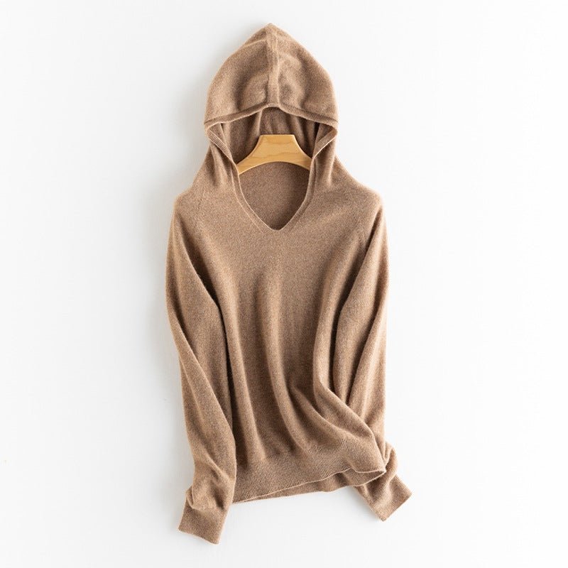 Womens Solid Cashmere Hoodies V Neck Long Sleeve Cashmere Hood Sweater