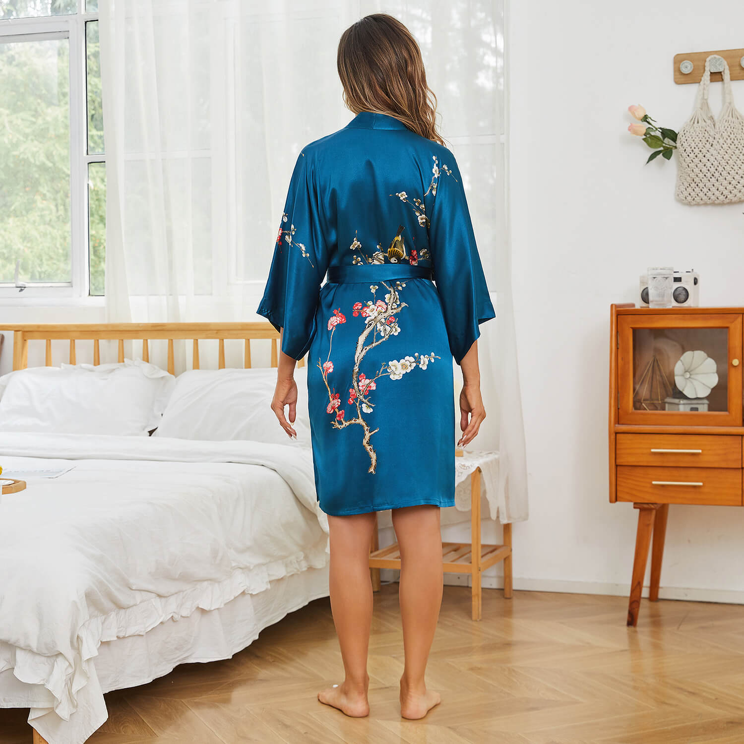 Women's Blossom Printing Short Pure Silk Kimono Robes