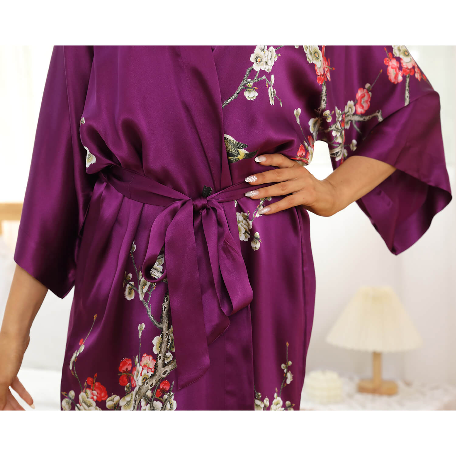 Women's Blossom Printing Short Pure Silk Kimono Robes