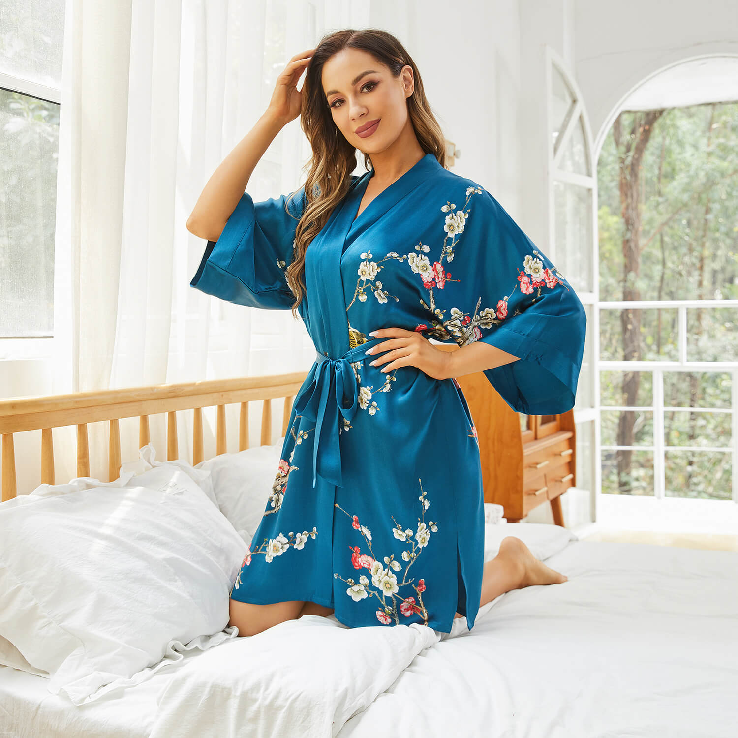 Women's Blossom Printing Short Pure Silk Kimono Robes