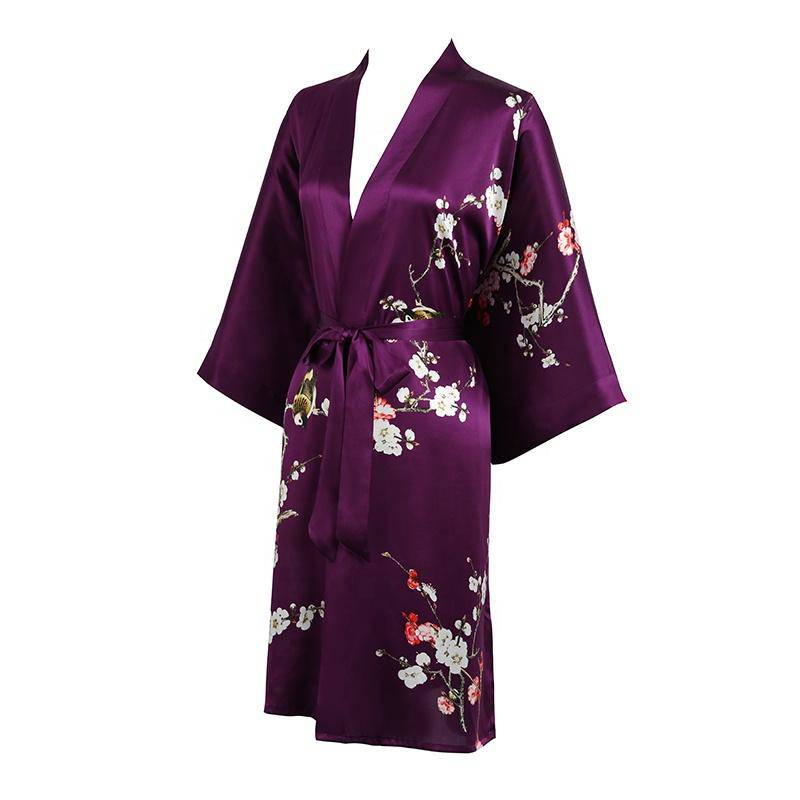 Women's Blossom Printing Short Pure Silk Kimono Robes