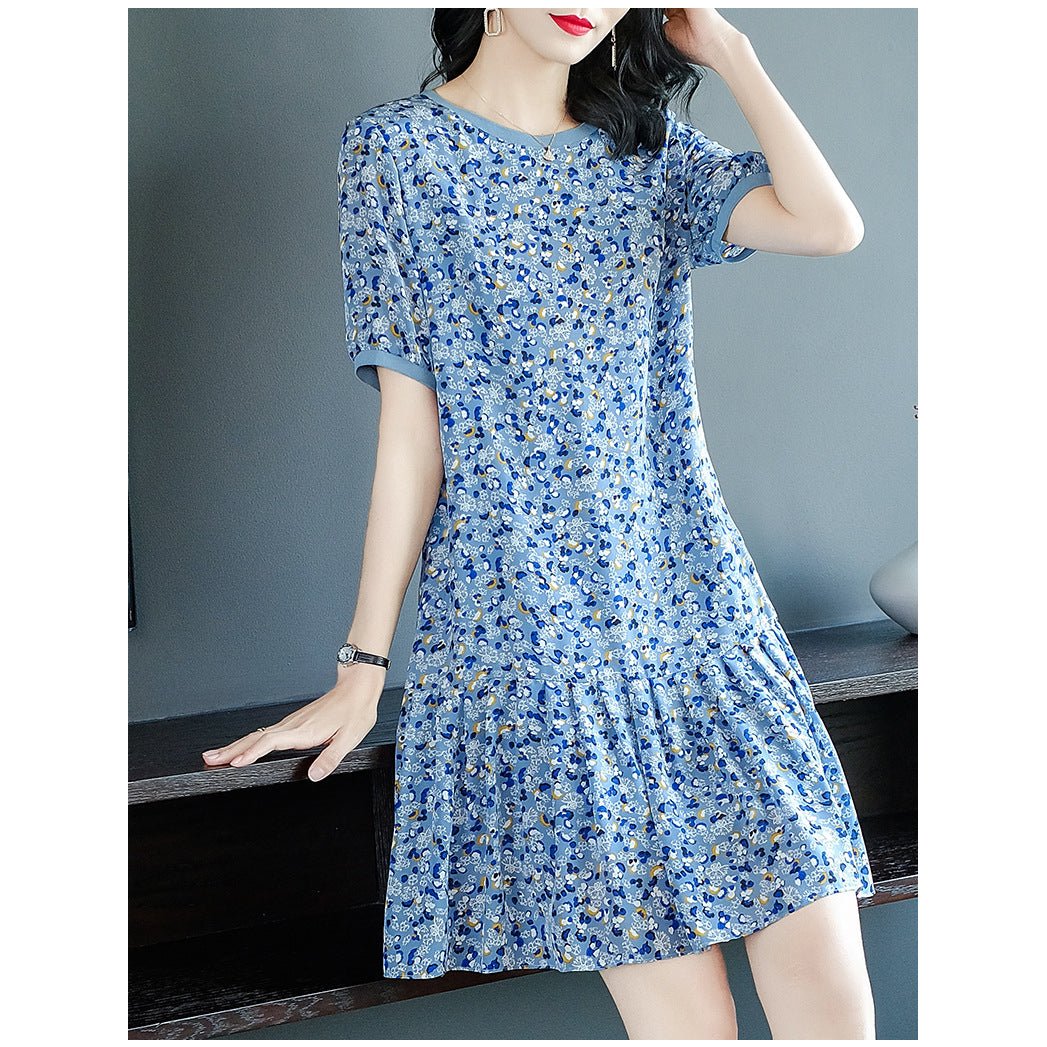 Womens Blue Floral Print Silk Mini Dress Ruffle Hem Short Silk Dress Blue XS