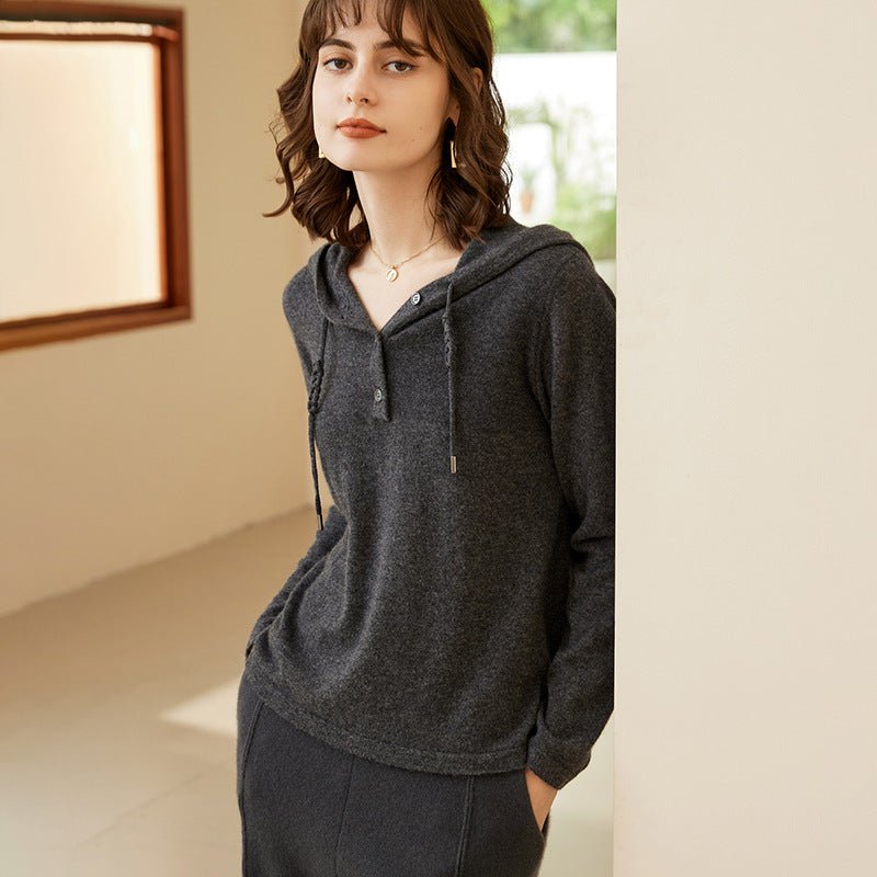 Women's Button-down Cashmere Hoodies Solid Cashmere Knitted Hoody - slipintosoft