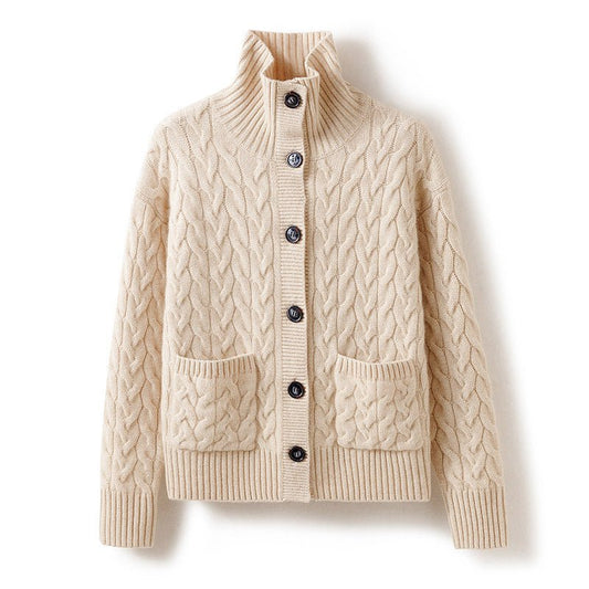 Womens Cable Knit Button - Up Mock Neck Pure Cashmere Cardigan Pockets