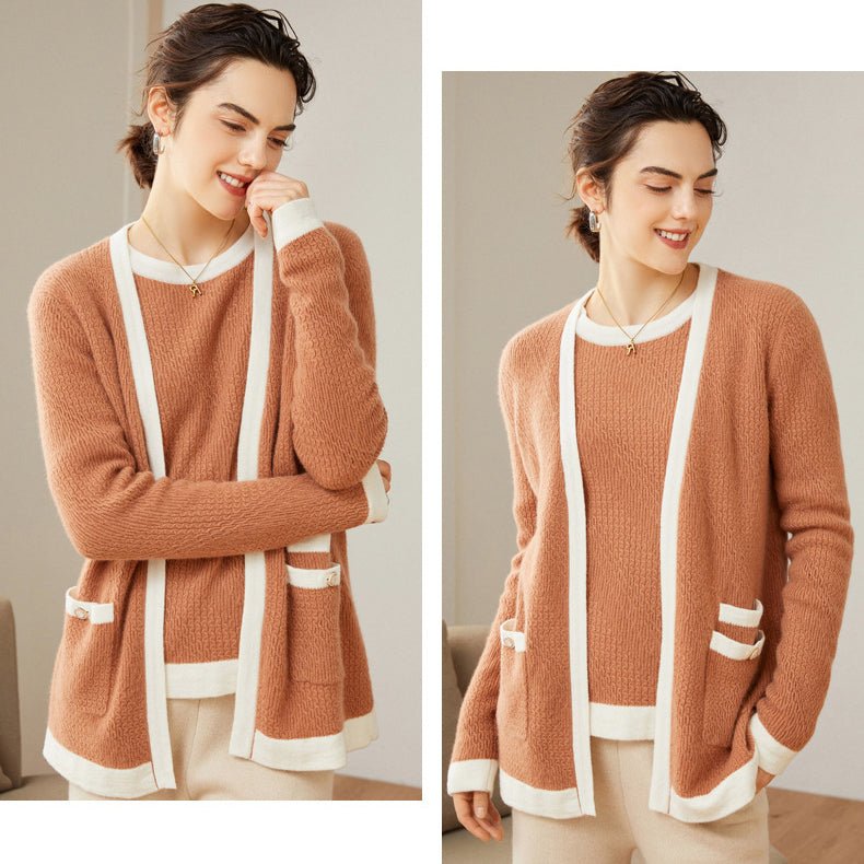 Women's Cable-Knit 100% Cashmere Long Sleeves Colorblock Cardigan - slipintosoft