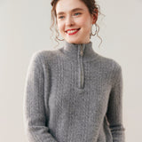 Womens Cable Knit Cashmere Sweater Half Zip Mock Neck Cashmere Blouse Gray XS